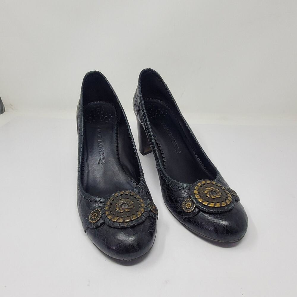 Jack Rogers Black Marlow Pinwheel block heels with wear on them Size 11
